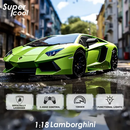 Vista 2 de QUN FENG RC Automóvil de control remoto con diseño 1:18 Lamborghini Aventador, eléctrico y deportivo, para carreras, modelo con licencia, para niños