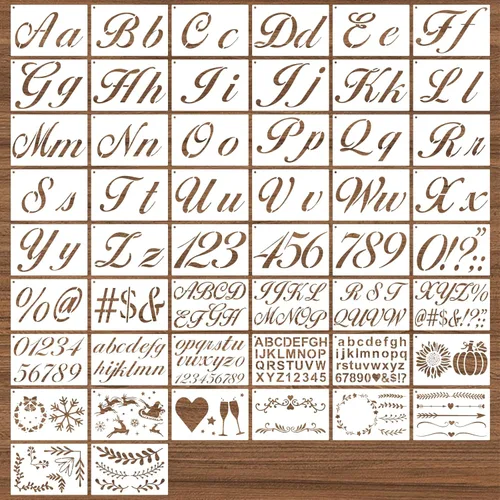 Vista 9 de BAMIDELE Plantillas de letras para pintar sobre madera, 50 plantillas de caligrafía del alfabeto para dibujo con números, signos, flores, plantillas