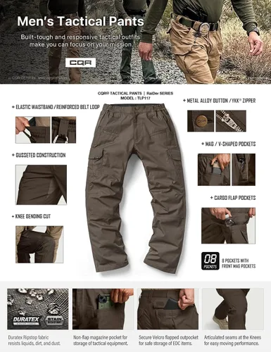 Vista 7 de CQR Pantalones tácticos tipo cargo, para hombre, tejido Ripstop, resistentes al agua, ligeros, para uso diario, para el trabajo, senderismo