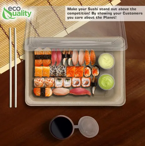 Vista 7 de EcoQuality Bandejas de sushi compostables extragrandes con tapas, contenedor de sushi natural de caña de azúcar, biodegradable, plato de sushi