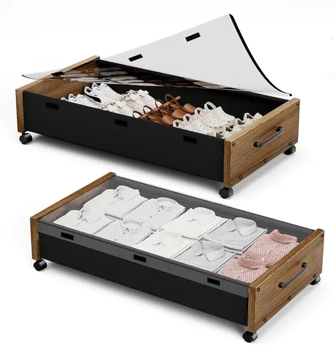 Vista 13 de KITHELP Almacenamiento de madera debajo de la cama con ruedas, contenedores de almacenamiento rodantes debajo de la cama con tapa extraíble, cajones