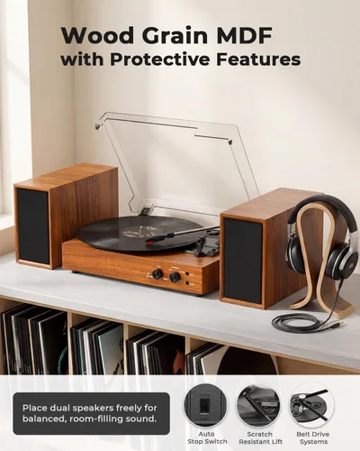 Vista 6 de Tocadiscos de vinilo vintage con altavoces estéreo externos, tocadiscos de 3 velocidades con entrada Bluetooth, grabación USB a PC, parada