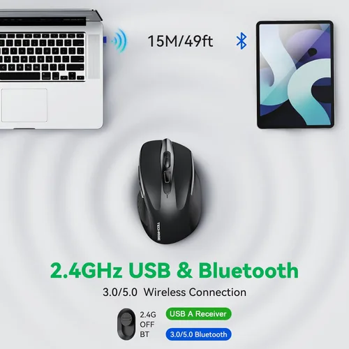 Vista 2 de TechRise Ratón Bluetooth (BT5.0/3.0 y 2.4G) Ratón inalámbrico recargable, seguimiento óptico de 4800 DPI, 6 DPI ajustables, 2.4GHz con receptor USB