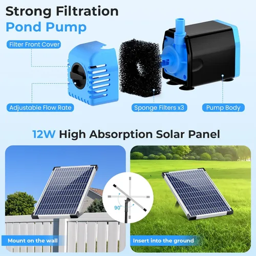 Vista 4 de POPOSOAP Filtro de estanque con bomba de fuente solar de 12 W, filtro solar de estanque con bomba de 160 GPH y kit de fuente, caja de filtro