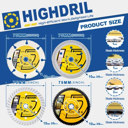Vista 2 de HIGHDRIL Juego de hojas de sierra circular de 3 "2.953 in, 4 piezas, disco de corte de diamante/HSS/carburo para amoladora angular, azulejos