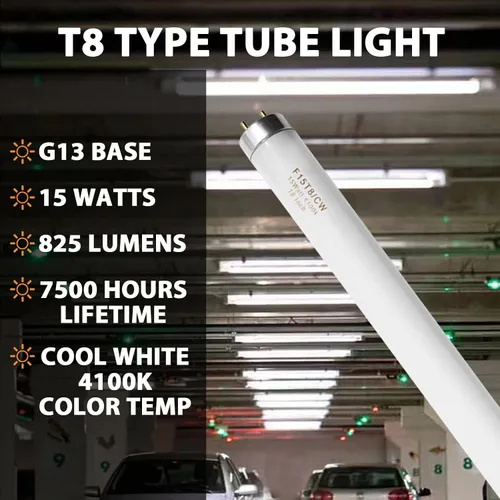 Vista 2 de Konideke Bombilla fluorescente F15T8/CW T8 de 15 W de 18 pulgadas, color blanco frío, bombilla de repuesto F15T8/SP41 para garaje, oficina, cocina
