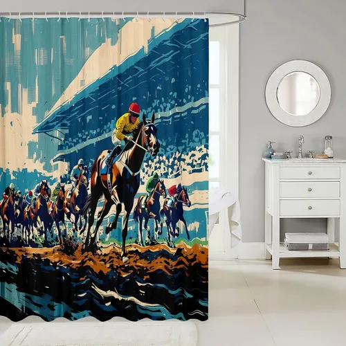Vista 2 de Castle Fairy Watercolr - Cortina de ducha de tela de carreras de caballos, cortinas de ducha de juego de caballos para baño, cortina de ducha