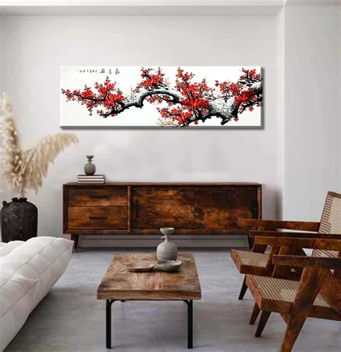 Vista 9 de JiazuGo Decoración asiática, pintura china, arte de pared oriental rojo ciruelo flor lienzo cuadros para dormitorio, decoración estética de pared