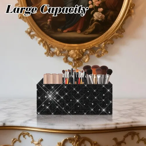 Vista 6 de Bling - Organizador de brochas de maquillaje, 3 ranuras para cosméticos, soportes de almacenamiento con diamantes de imitación brillantes, bonito