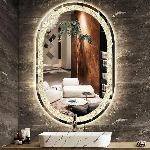 Vista 9 de Espejo de tocador ovalado de cristal con luces de 16 x 24 pulgadas, espejo iluminado ovalado de cristal para pared de baño, montaje 24 x 16 pulgadas