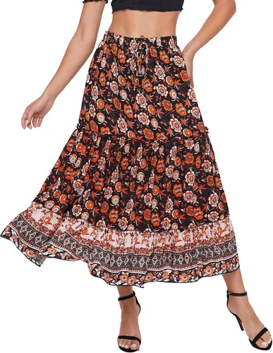 Vista 59 de Milumia Women Boho Vintage Floral Print Long Skirt Summer Tiered Maxi Skirt