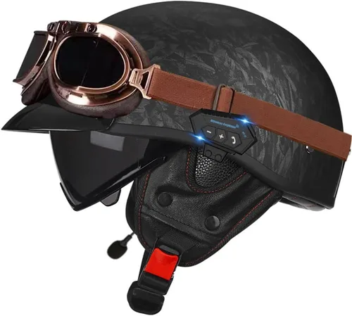 Vista 20 de Casco de cara abierta con Bluetooth para hombres y mujeres, casco retro de estilo alemán con diseño de calavera, visera con gafas, casco de media