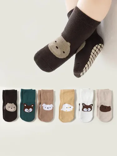 Vista 6 de Calcetines antideslizantes para bebé con agarres, diseño de animales lindos, mezcla de algodón, unisex, 6 meses a 5 años, paquete de 6