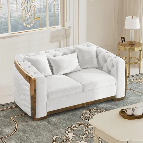 Vista 36 de DAMAIFROM Sofá Chesterfield moderno de mediados de siglo, sofá de terciopelo de 62" blanco y dorado, sofá biplaza curvo de lujo para sala de estar