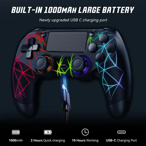 Vista 6 de GamingBoy 2 Pack Wireless Controller for PS4, Light-up RGB Remote Control for Ps4/PC with Hall Effect Joystick/1000mAh Battery/Type-C/Dual