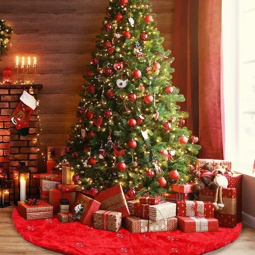 Vista 2 de Falda de Árbol de Navidad - Falda de árbol de 48 pulgadas grande roja con falda de árbol de piel sintética suave de alta gama para decoraciones