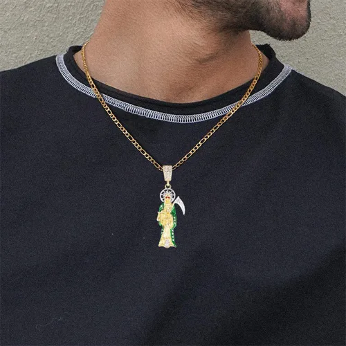 Vista 6 de Collar de Santa Muerte con diamantes chapado en oro de 14 quilates, colgante de Santa Muerte con hoz, regalo navideño (oro-255), Cobre + acero