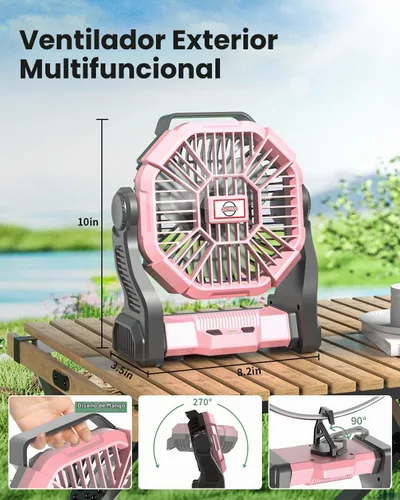 Vista 2 de AEscod Ventilador de camping recargable, ventilador de campamento inalámbrico con linterna LED, gancho para colgar, rotación de 270°, 20000 mAh Rosa