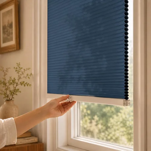 Vista 10 de Grandekor Persianas celulares para ventanas Persianas opacas sin cordones con panal para dormitorio, sala de estar y oficina en casa, beige-blanco