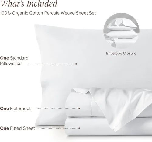 Vista 8 de Bare Home Juego de sábanas y fundas de almohada de 100 % algodón orgánico para cama individual, tejido percal vigoroso, ligero y transpirable