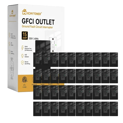Vista 30 de Toma GFCI negra de 15 amperios con puertos USB C y USB-A, 1 unidad de 24 W de autotprueba GFCI USB Combo con indicador LED, resistente a