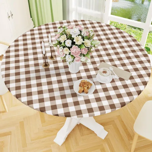 Vista 32 de Smiry - Mantel redondo de picnic de vinilo elástico impermeable con respaldo de franela, mantel de vinilo ajustable para mesas de 31-35 pulgadas