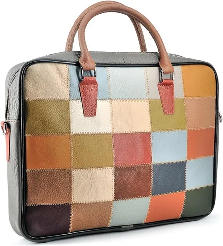 Vista 8 de Top Grain Leather Laptop Bag Handbag Multicolor Patchwork Laptop Messenger Crossbody Shoulder Bags for Men and Women