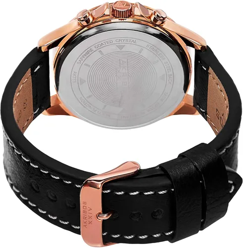 Vista 4 de Akribos XXIV Reloj suizo multifunción para hombre, 3 subesferas día, zona horaria doble, fecha y hora complicación en correa de cuero genuino AK773