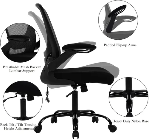 Vista 7 de Silla de oficina en casa, silla de escritorio ergonómica, silla de computadora de malla con brazos abatibles, altura ajustable, respaldo medio