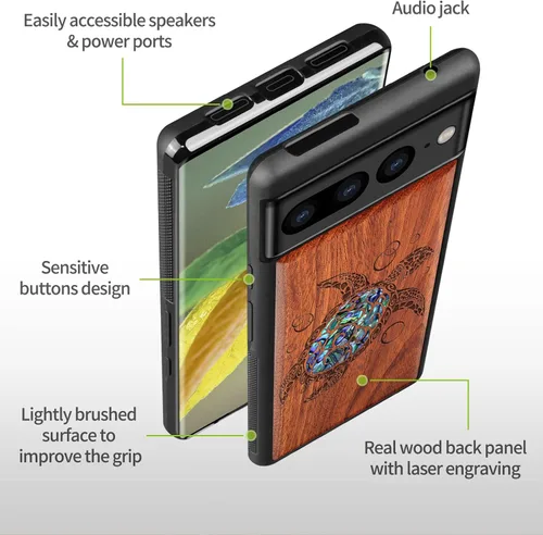 Vista 6 de Carveit Funda de madera de diseñador para Google Pixel 7 Pro (grabado en madera e incrustaciones de carcasa), funda de madera única compatible