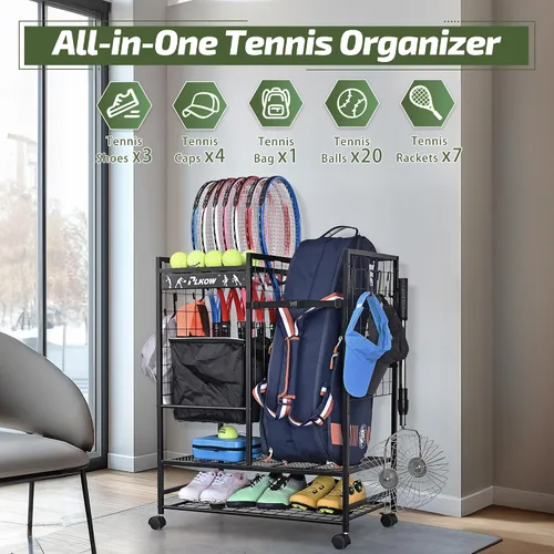Vista 2 de PLKOW Organizador de bolsas de tenis para raquetas de tenis, soporte para equipo de tenis para bolsas, bolas, raquetas y accesorios, organizador