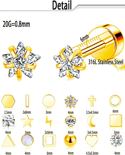 Vista 2 de Ofeiyaa Juego de 18 aretes de tuerca pequeños de acero inoxidable con forma de corazón, cruz geométrica, estrella, triángulo, luna, bola de disco