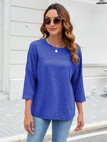 Vista 33 de ZENNILO Camisetas casuales de manga 3/4 para mujer, holgadas, cuello redondo, lindas camisetas básicas