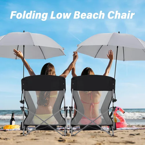 Vista 6 de Homcosan Silla de playa portátil baja plegable con paraguas desmontable, silla de campamento ligera para adultos con portavasos y bolsillo