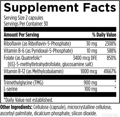 Vista 4 de Designs for Health Homocisteine Supreme - Vitaminas B metiladas con riboflavina, B6, B12, folato, L-serina y TMG para apoyo cerebral y salud