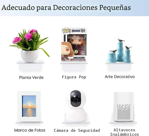 Vista 4 de Paquete de 6 Estantes Flotantes Pequeños de Acrílico para Pared, Estantes de Exhibición Colgantes Montados en Pared para Plantas, Figuras Funko Pop