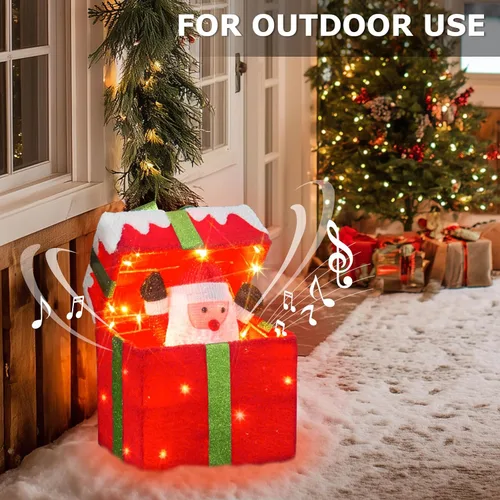 Vista 12 de PEIDUO Papá Noel de Navidad animado en caja de regalo iluminada, luces decorativas de música navideña con sensor de movimiento, decoraciones
