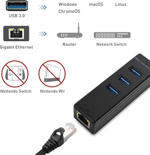 Vista 6 de Cable Matters Hub USB 4 en 1 con Ethernet, compatible con red Gigabit (USB 3.0 Hub Ethernet) con red 10/100/1000Mbps, 3 puertos USB de 5 Gbps