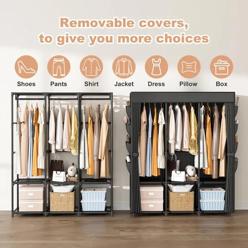 Vista 7 de Armario portátil para colgar ropa, perchero de gran capacidad con tapa, 3 varillas para colgar, 6 estantes y 8 bolsillos, armario fuerte y estable