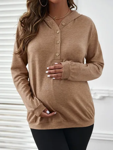 Vista 3 de Milumia Sudadera con capucha de maternidad para mujer, casual, con medio botón, manga larga, con capucha, para embarazo