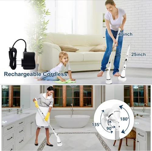 Vista 2 de Cepillo de limpieza eléctrico, recargable, inalámbrico, multiusos, giratorio de 360 grados, cepillo eléctrico de brazo ajustable con 4 cabezales