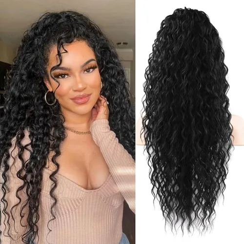 Vista 10 de Flufymooz Extensión de cola de caballo, 22 pulgadas, estilo bohemio, con cordón, extensiones de cabello para mujer, cola de caballo larga, rizada