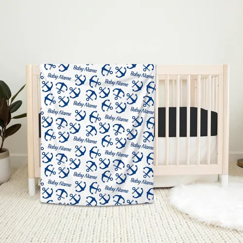 Vista 4 de Mantas náuticas personalizadas de color azul marino para niños y niños, mantas de Minky suaves personalizadas con nombre, manta de felpa suave
