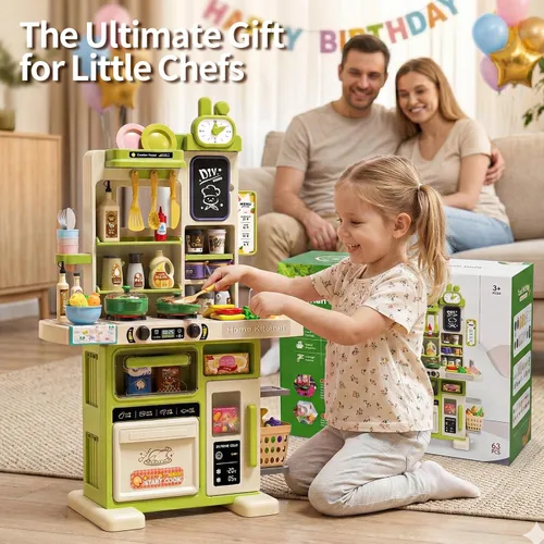 Vista 8 de Juego de cocina para niños de 33.8 pulgadas - 70 piezas con sonido y luz - Estufa de cocina con vapor, fregadero de juego y accesorios de cocina