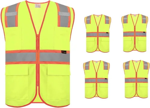 Vista 6 de zojo Chalecos de seguridad de alta visibilidad con cremallera y bolsillos, 5 paquetes, chaleco reflectante al por mayor para trabajos al aire libre