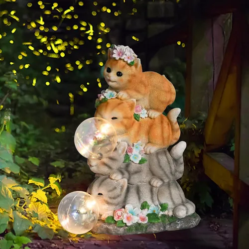 Vista 7 de Estatua de gato solar para jardín - Estatua de gato de resina decorativa para exteriores con luces LED para arte de jardín al aire libre, adornos