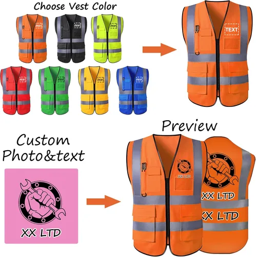 Vista 3 de Chaleco de seguridad con logotipo personalizado para hombre, chaleco de trabajo protector de alta visibilidad con reflectante