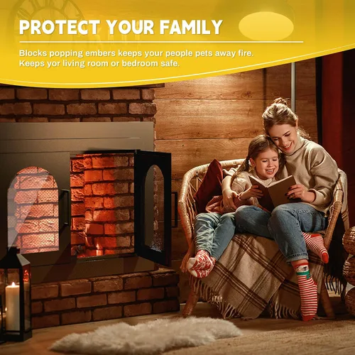 Vista 7 de TOCRETOARE Puerta de chimenea, puertas de lugares de fuego con pantalla y decoración de vidrio, protector de malla de hierro para chimeneas