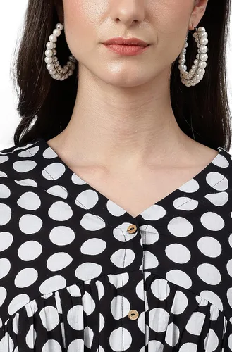 Vista 8 de Janasya Top Peplum de algodón negro con estampado de lunares para mujer india