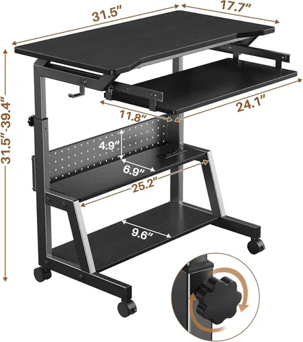 Vista 2 de Rolling Computer Desk with Power Outlet, Portable Desk with Keyboard Tray Black